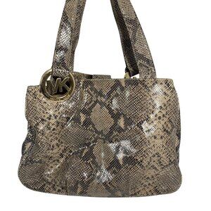 MICHAEL KORS Fulton Python Embossed Leather Large Shoulder Bag - Gray/Tan/Black